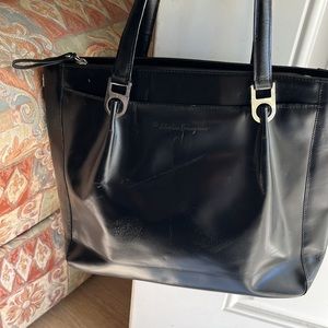 Salvatore Ferragamo Gancini leather patent look vintage tote stunner